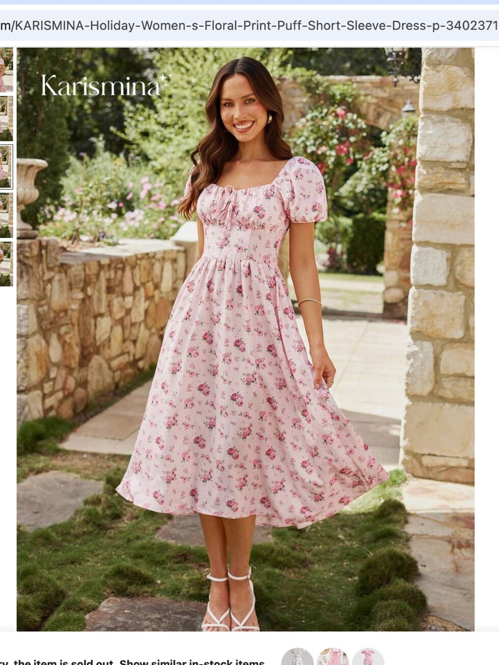 SHEIN Pink Floral Puff-Sleeve Midi Dress